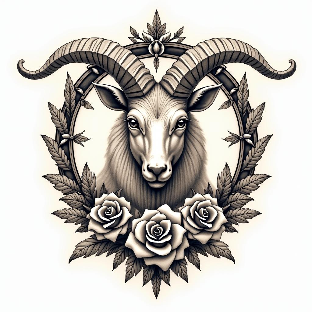 Capricorn zodiac signin victorian style tattoo, featuring vintage and elegant elements, ornate frames, roses, antique, sepia-toned color scheme - Variation 2