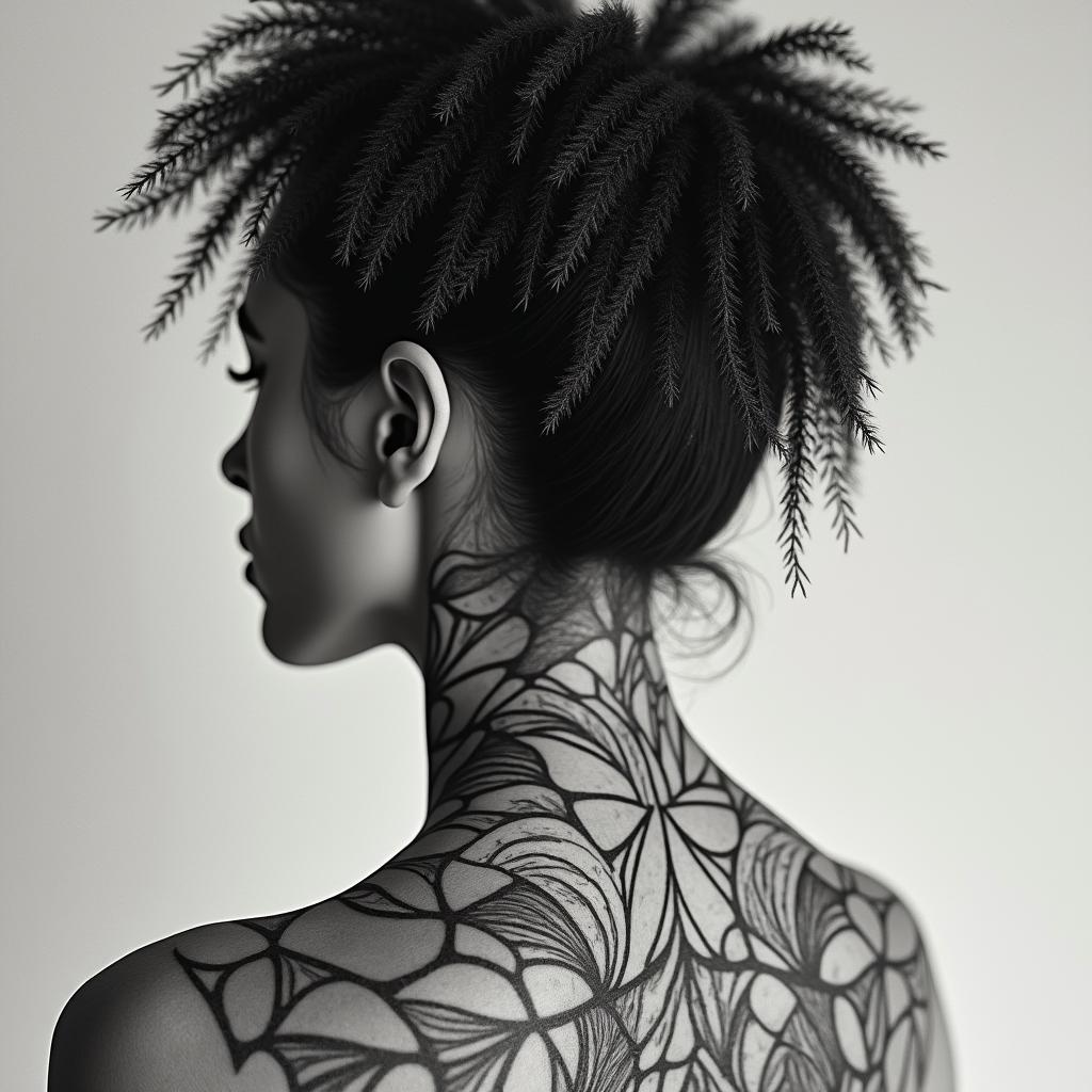 Different leafs and a tropical jungle mix with mandela artin portrait tattoo style, featuring a highly realistic and detailed depiction  - Variation 4