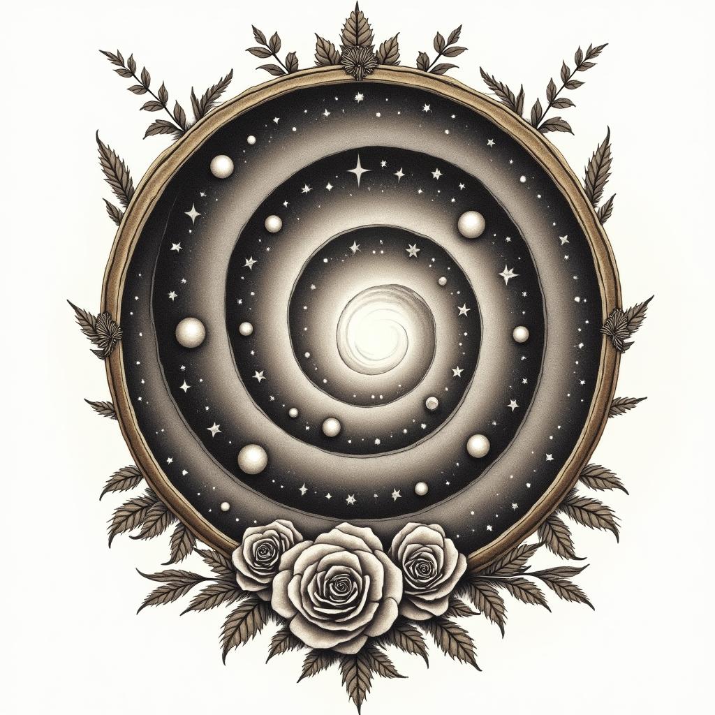 Spiral galaxy with stars and planetsin victorian style tattoo, featuring vintage and elegant elements, ornate frames, roses, antique, sepia-toned color scheme - Variation 6