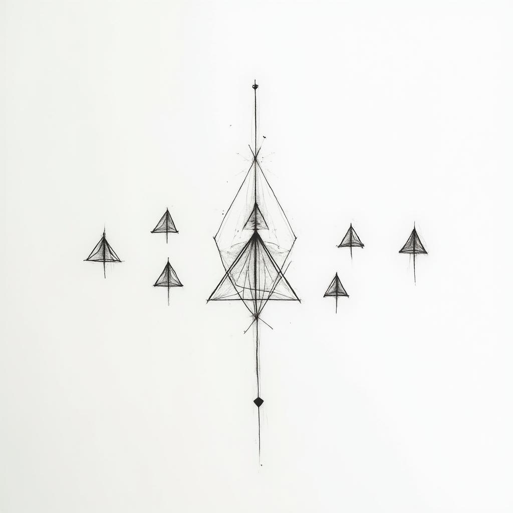 Several small minimalist drawings that represent the motivations of life.in minimalist style tattoo, featuring simple shapes and fine lines, with minimal shading and details, tiny triangles, creating a sense of balance and harmony - Variation 2