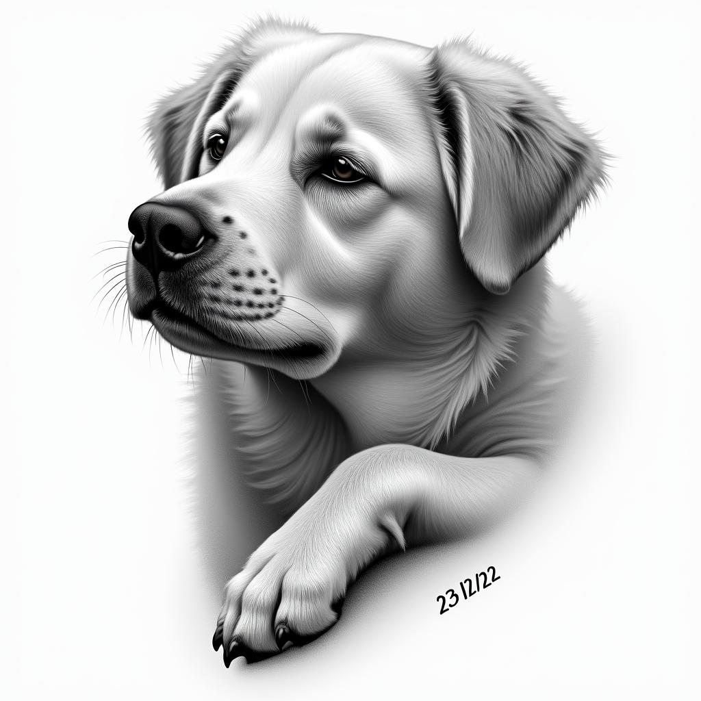 A realistic portrait of a beloved dog’s face with a paw reaching out, symbolizing companionship, with a small, subtle date "23/12/23" included in the design. The dog is depicted peacefully, evoking feelings of safety and love, showcasing the deep bond between the dog and owner.higly detailed tattoo - Variation 3