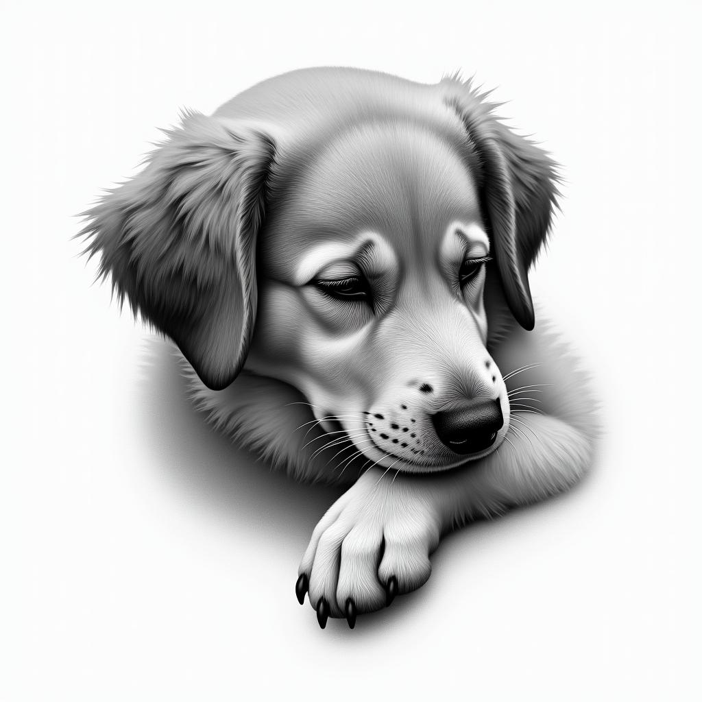 A realistic portrait of a beloved dog’s face with a paw reaching out, symbolizing companionship, with a small, subtle date "23/12/23" included in the design. The dog is depicted peacefully, evoking feelings of safety and love, showcasing the deep bond between the dog and owner.higly detailed tattoo