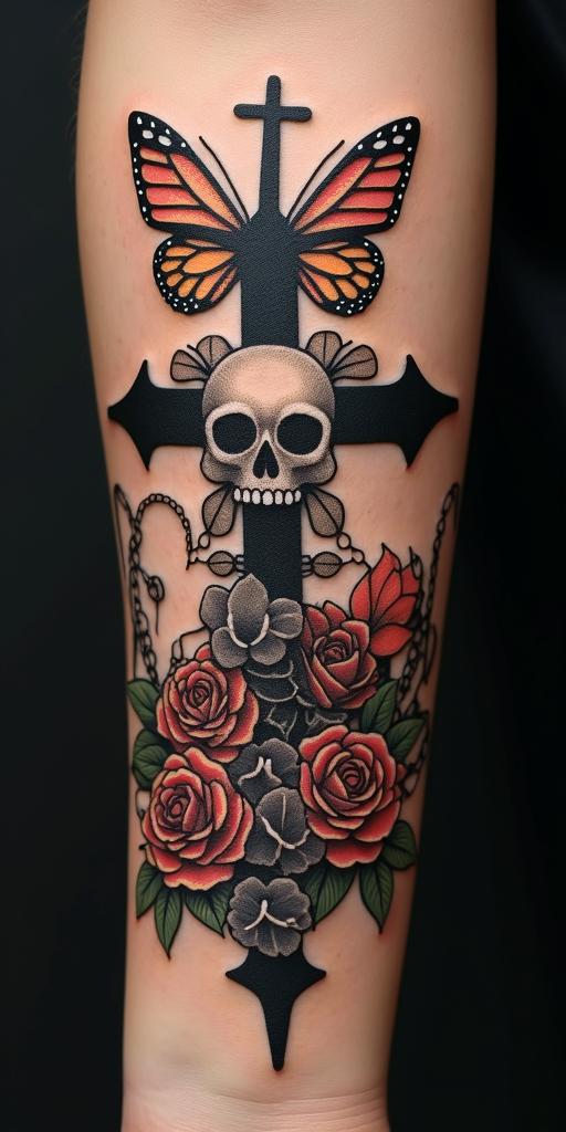Fairies, butterflies,flowers, quotesin chicano style tattoo, featuring intricate black and grey shading, bold elements of traditional chicano culture symbols, add a big cross with skull, chains and roses - Variation 4