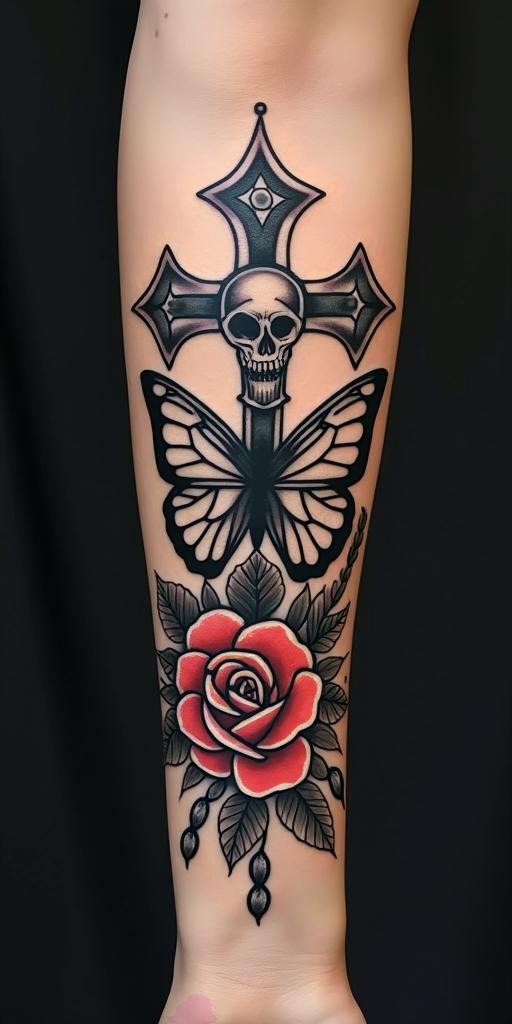 Fairies, butterflies,flowers, quotesin chicano style tattoo, featuring intricate black and grey shading, bold elements of traditional chicano culture symbols, add a big cross with skull, chains and roses - Variation 2