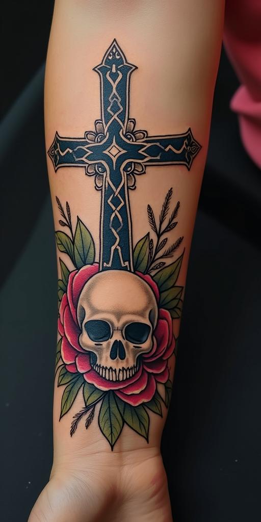 Fairies, butterflies,flowers, quotesin chicano style tattoo, featuring intricate black and grey shading, bold elements of traditional chicano culture symbols, add a big cross with skull, chains and roses