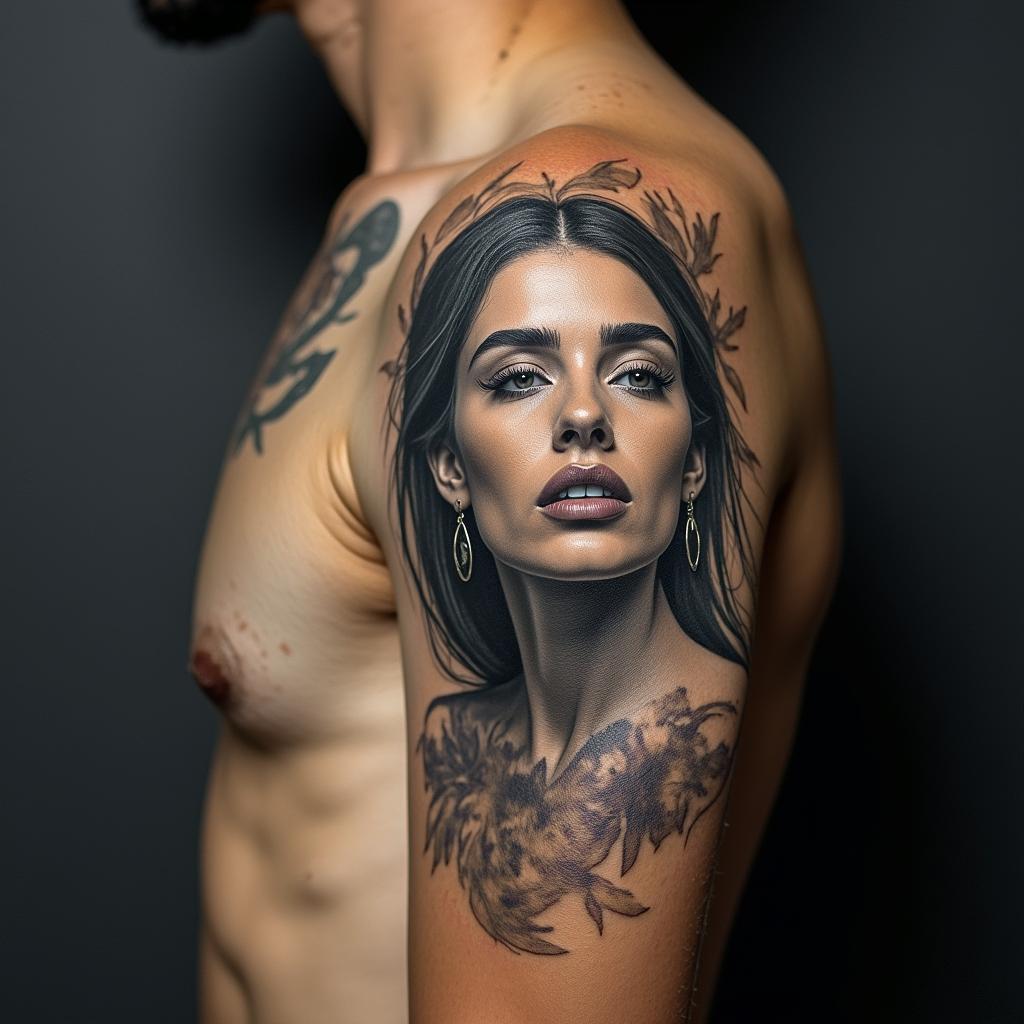 SANTIAGOin portrait tattoo style, featuring a highly realistic and detailed depiction - Variation 1