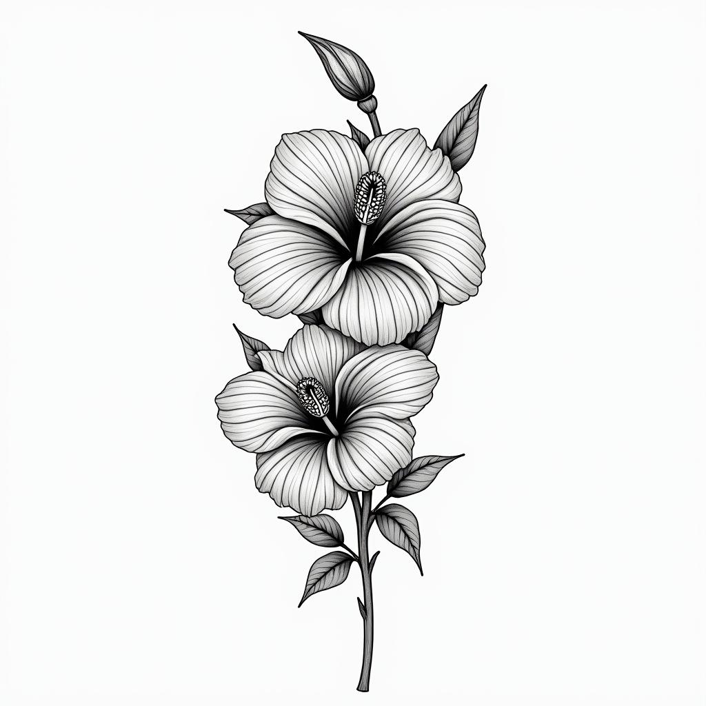 Hibiscus and peony for thigh, hip, and buttock.in Modest style tattoo, featuring soft, delicate line work with simple and meaningful symbols, gentle waves, a heart, evoking a sense of serenity and grace, - Variation 2