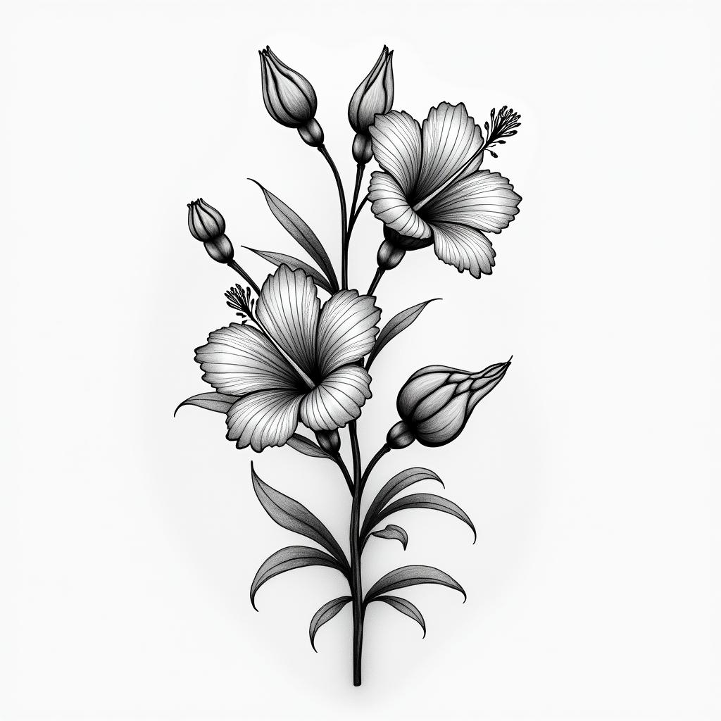 Hibiscus and peony for thigh, hip, and buttock.in Modest style tattoo, featuring soft, delicate line work with simple and meaningful symbols, gentle waves, a heart, evoking a sense of serenity and grace, - Variation 3