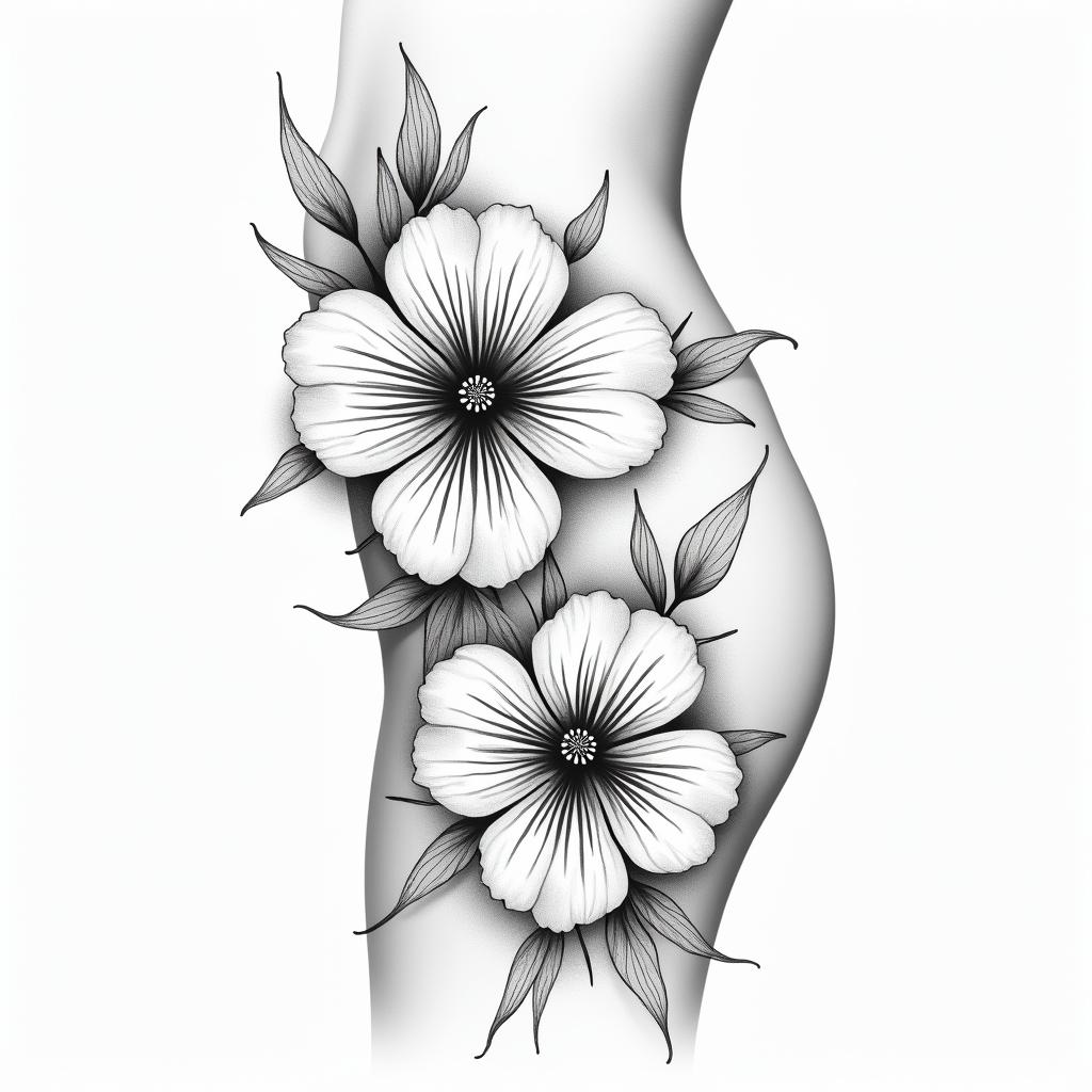 Hibiscus and peony for thigh, hip, and buttock.in Modest style tattoo, featuring soft, delicate line work with simple and meaningful symbols, gentle waves, a heart, evoking a sense of serenity and grace,
