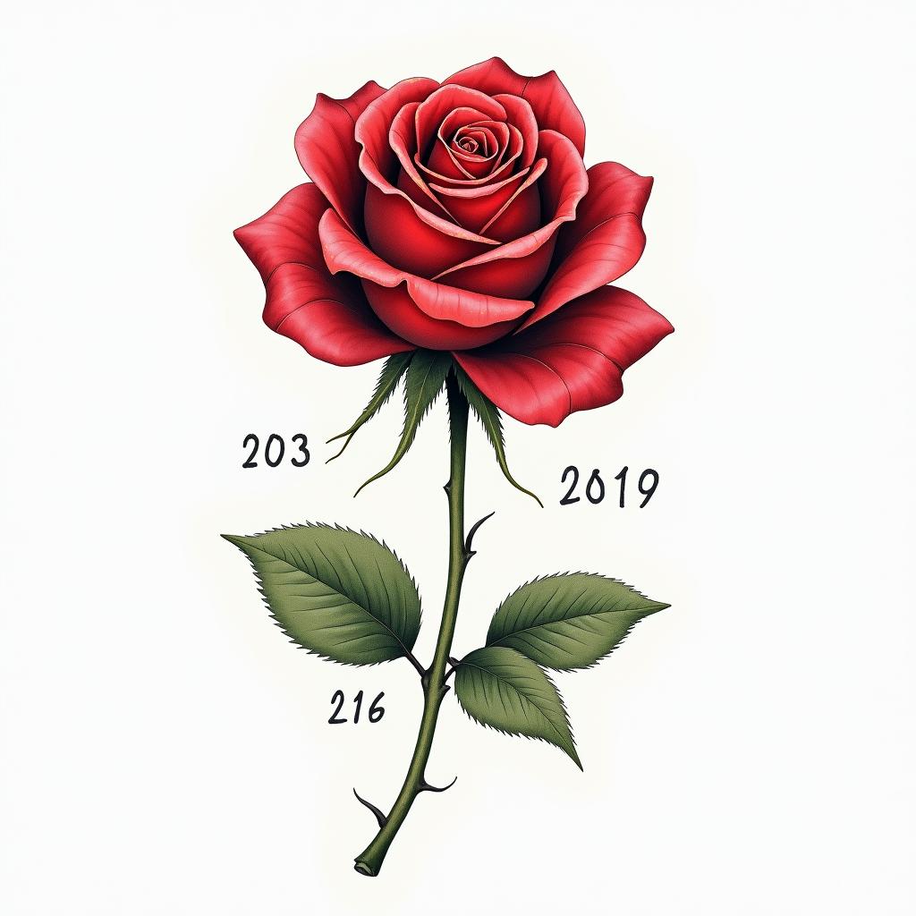 A realistic, vibrant red rose symbolizing love and remembrance, with a delicate green stem inscribed with a date of birth "20/3/1961" and a date of death "27/2/2025." The rose is adorned with subtle symbols of the cancer zodiac, like the cancer constellation subtly integrated into the background, conveying a sense of protection and legacy. The design should have a soft yet impactful aesthetic, embodying both beauty and heartfelt memory.higly detailed tattoo - Variation 3