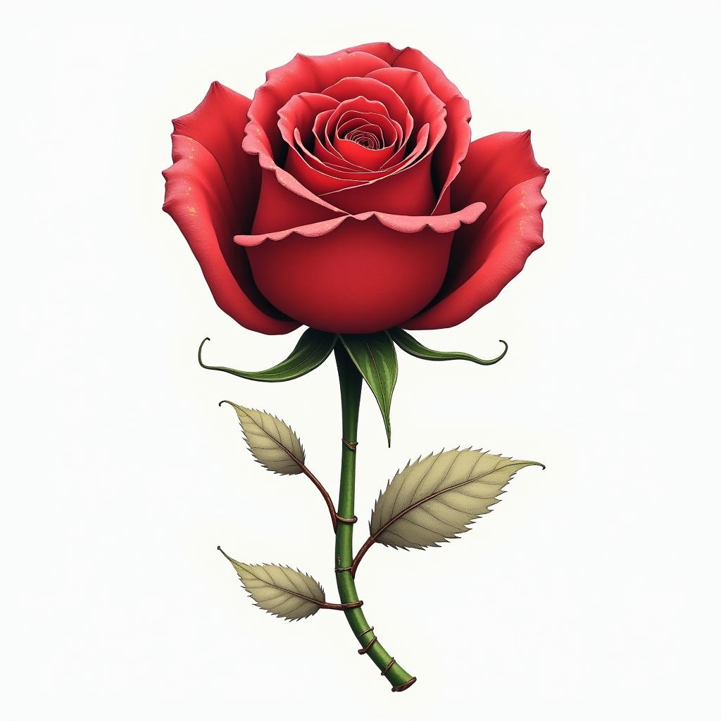 A realistic, vibrant red rose symbolizing love and remembrance, with a delicate green stem inscribed with a date of birth "20/3/1961" and a date of death "27/2/2025." The rose is adorned with subtle symbols of the cancer zodiac, like the cancer constellation subtly integrated into the background, conveying a sense of protection and legacy. The design should have a soft yet impactful aesthetic, embodying both beauty and heartfelt memory.higly detailed tattoo - Variation 4