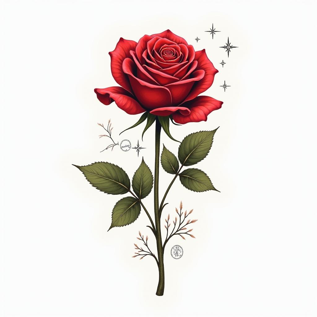 A realistic, vibrant red rose symbolizing love and remembrance, with a delicate green stem inscribed with a date of birth "20/3/1961" and a date of death "27/2/2025." The rose is adorned with subtle symbols of the cancer zodiac, like the cancer constellation subtly integrated into the background, conveying a sense of protection and legacy. The design should have a soft yet impactful aesthetic, embodying both beauty and heartfelt memory.higly detailed tattoo