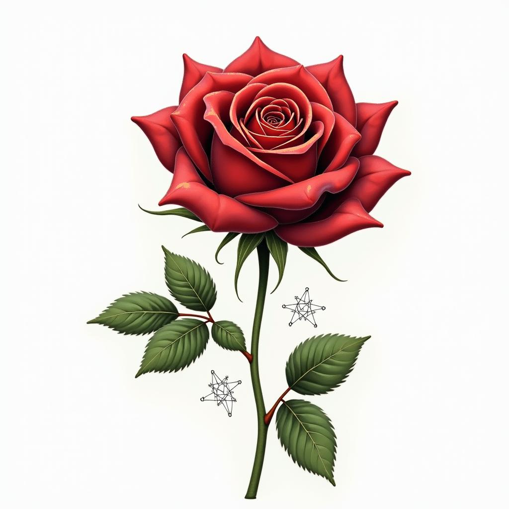 A realistic, vibrant red rose symbolizing love and remembrance, with a delicate green stem inscribed with a date of birth "20/3/1961" and a date of death "27/2/2025." The rose is adorned with subtle symbols of the cancer zodiac, like the cancer constellation subtly integrated into the background, conveying a sense of protection and legacy. The design should have a soft yet impactful aesthetic, embodying both beauty and heartfelt memory.higly detailed tattoo - Variation 2