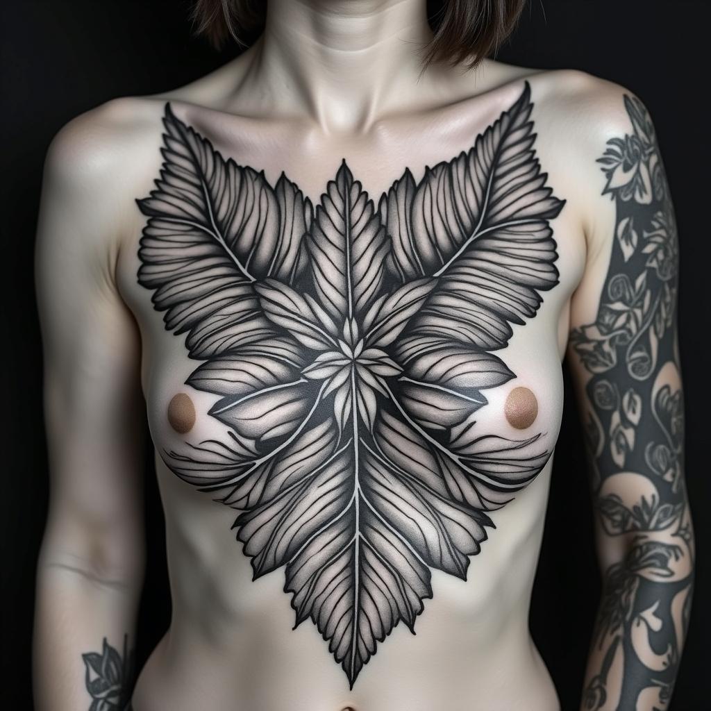 Random Different leafs and a tropical jungle mix with mandela art tattoosin ornamental tattoo style, featuring intricate symmetrical patterns and floral designs, showcasing highly detailed line work and geometric shapes, creating a sense of elegance and balance - Variation 3