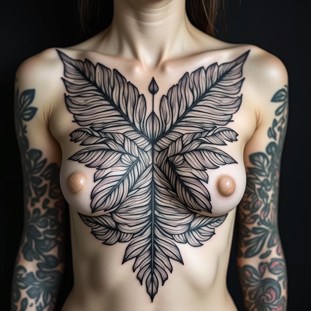 Random Different leafs and a tropical jungle mix with mandela art tattoosin ornamental tattoo style, featuring intricate symmetrical patterns and floral designs, showcasing highly detailed line work and geometric shapes, creating a sense of elegance and balance - Variation 4