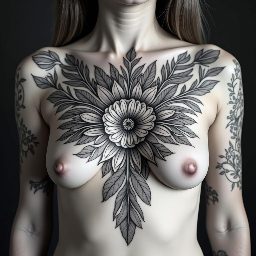 Random Different leafs and a tropical jungle mix with mandela art tattoosin ornamental tattoo style, featuring intricate symmetrical patterns and floral designs, showcasing highly detailed line work and geometric shapes, creating a sense of elegance and balance - Variation 1