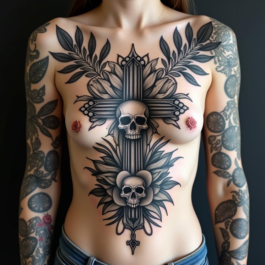 Random Different leafs and a tropical jungle mix with mandela art tattoosin chicano style tattoo, featuring intricate black and grey shading, bold elements of traditional chicano culture symbols, add a big cross with skull, chains and roses - Variation 4
