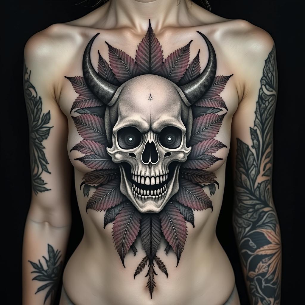 Random Different leafs and a tropical jungle mix with mandela art tattooscreepy horror tattoo style, featuring an eerie and unsettling skull of a demonic creature, distorted face with sharp fangs, add pentagram symbol - Variation 4