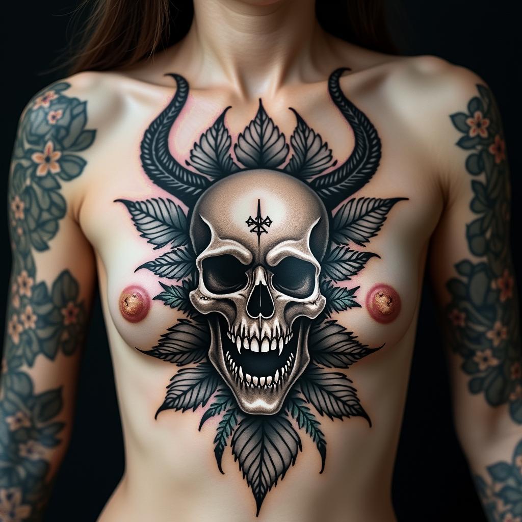 Random Different leafs and a tropical jungle mix with mandela art tattooscreepy horror tattoo style, featuring an eerie and unsettling skull of a demonic creature, distorted face with sharp fangs, add pentagram symbol