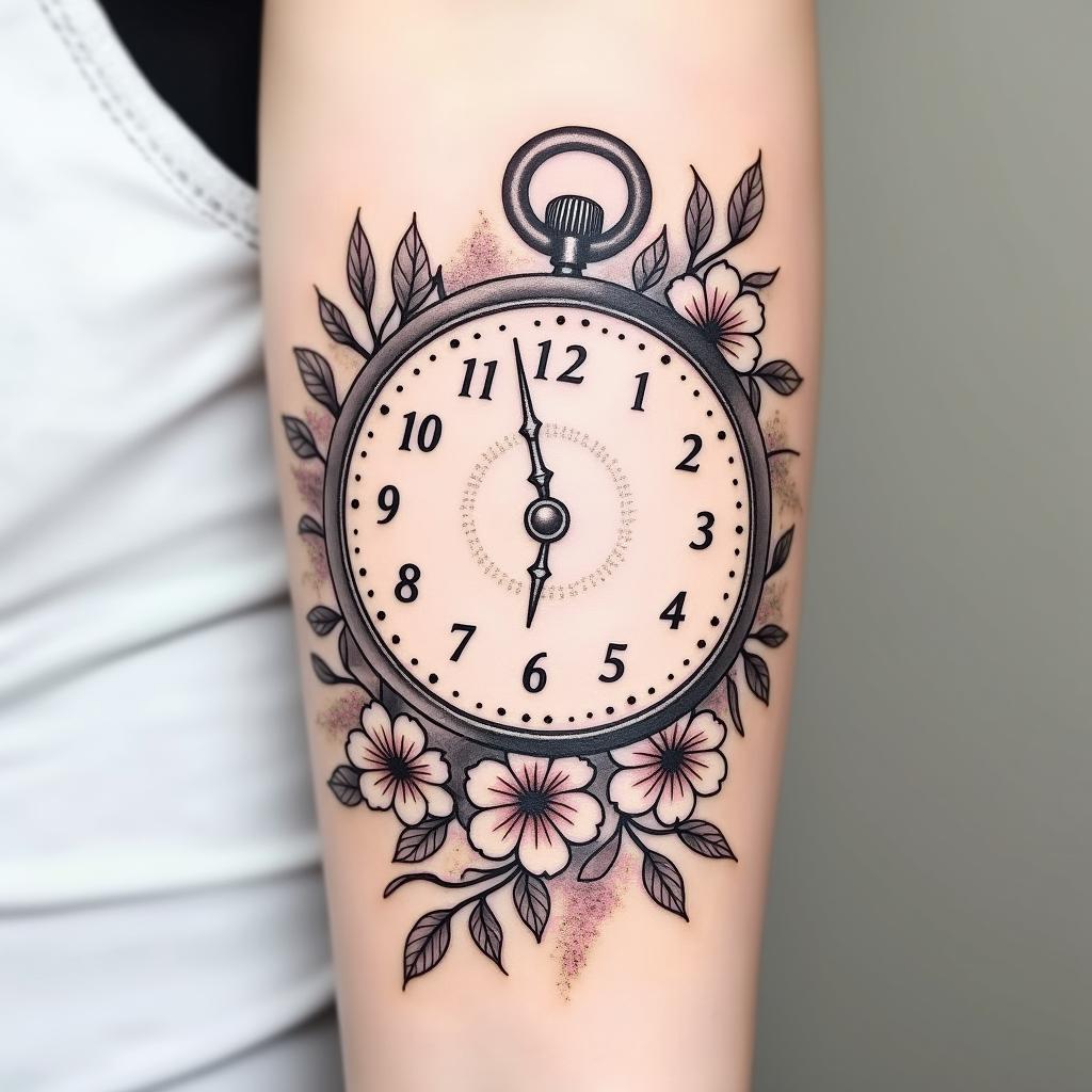 A mid-arm sleeve tattoo featuring a beautifully designed clock showing the time at 6:11 and incorporating the date 1/17, symbolizing the birth of a daughter. The clock is intertwined with delicate flowers and a soft, elegant script that includes the daughter's name or initials, styled in a whimsical and minimalistic approach, with a color palette of soft pastels for a dreamy effect.higly detailed tattoo - Variation 3
