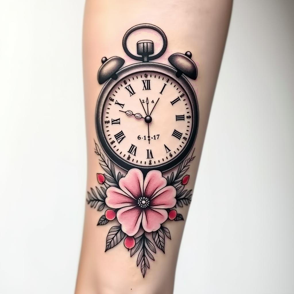 A mid-arm sleeve tattoo featuring a beautifully designed clock showing the time at 6:11 and incorporating the date 1/17, symbolizing the birth of a daughter. The clock is intertwined with delicate flowers and a soft, elegant script that includes the daughter's name or initials, styled in a whimsical and minimalistic approach, with a color palette of soft pastels for a dreamy effect.higly detailed tattoo - Variation 2