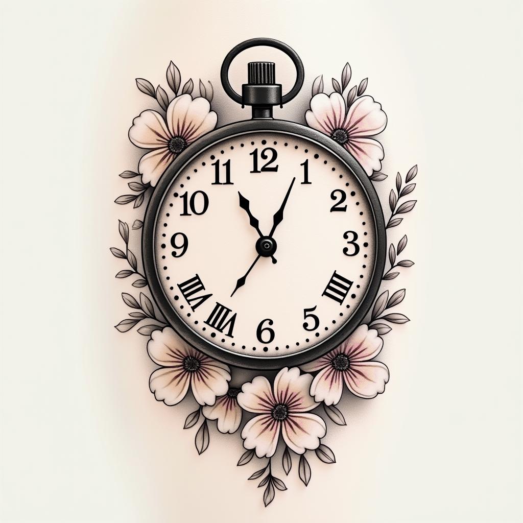 A mid-arm sleeve tattoo featuring a beautifully designed clock showing the time at 6:11 and incorporating the date 1/17, symbolizing the birth of a daughter. The clock is intertwined with delicate flowers and a soft, elegant script that includes the daughter's name or initials, styled in a whimsical and minimalistic approach, with a color palette of soft pastels for a dreamy effect.higly detailed tattoo - Variation 4