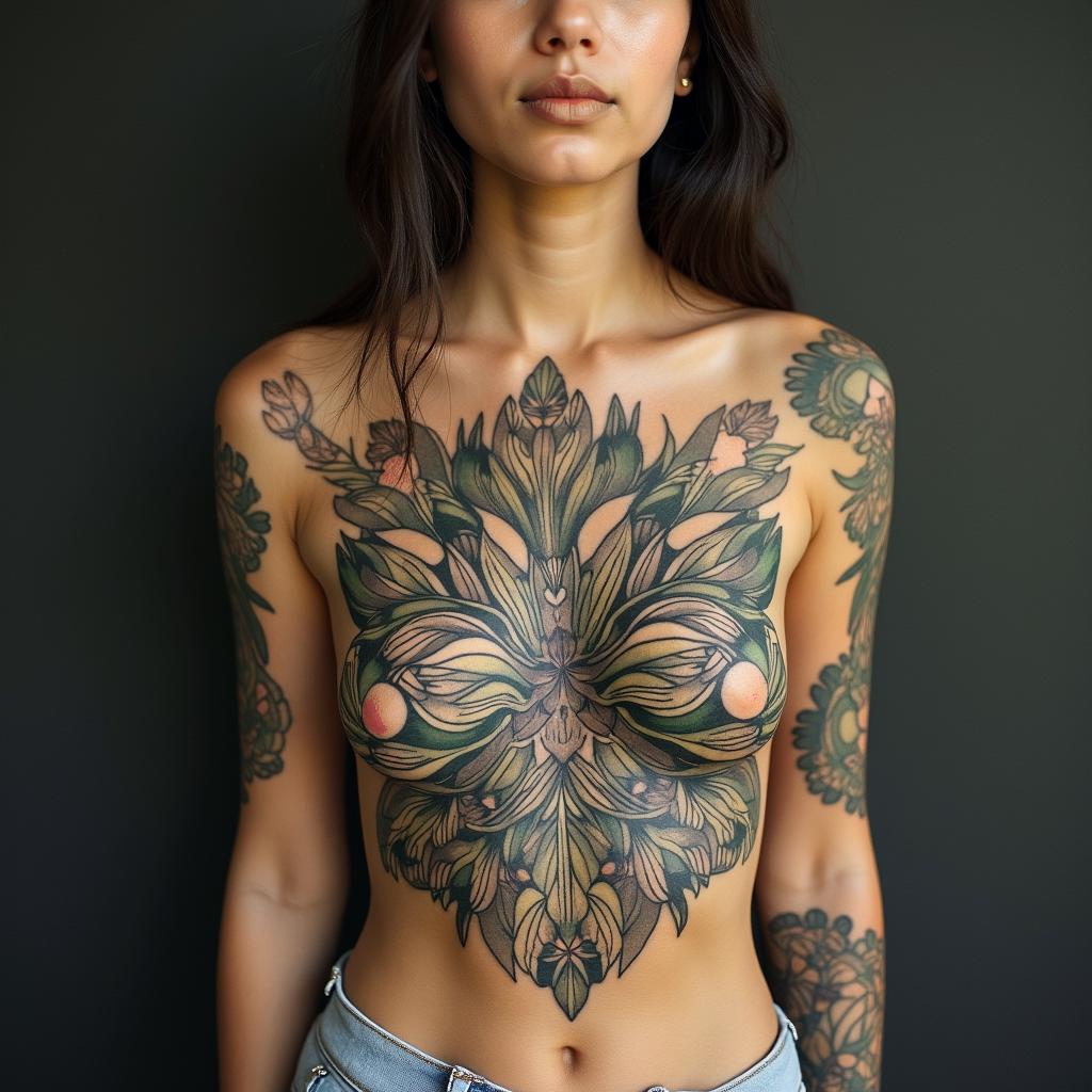 Random Different leafs and a tropical jungle mix with mandela art tattoosin bohemian style tattoo, 8k