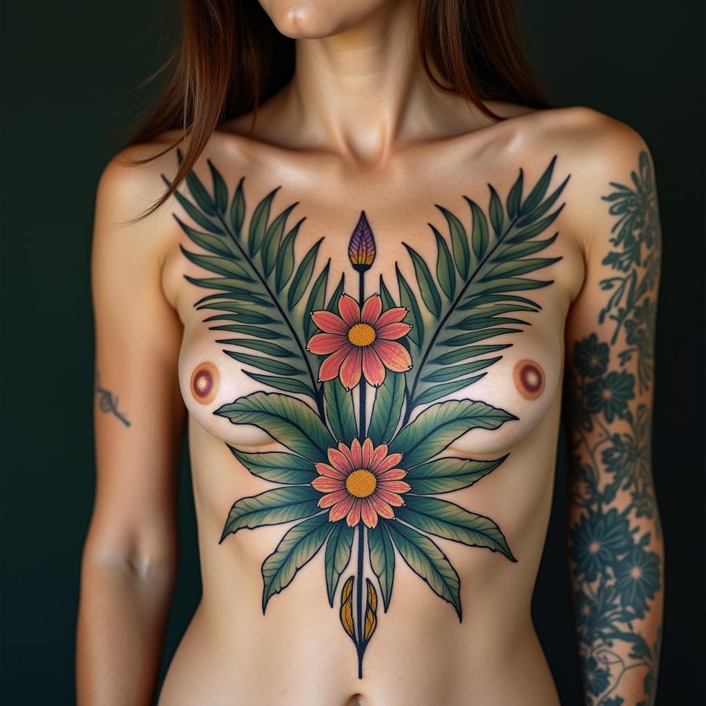 Random Different leafs and a tropical jungle mix with mandela art tattoosin bohemian style tattoo, 8k - Variation 3