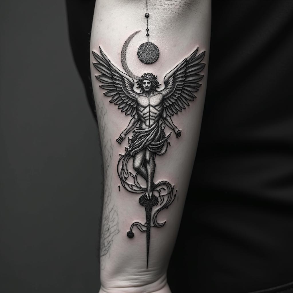 Icarus falling after getting too close to the sunin paganic style tattoo, featuring ancient symbols, add vegvisir symbol, mystical figures, incorporating designs, pentagrams, runes, crescent moons, - Variation 3