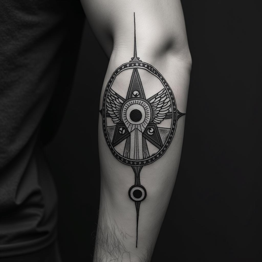 Icarus falling after getting too close to the sunin paganic style tattoo, featuring ancient symbols, add vegvisir symbol, mystical figures, incorporating designs, pentagrams, runes, crescent moons,