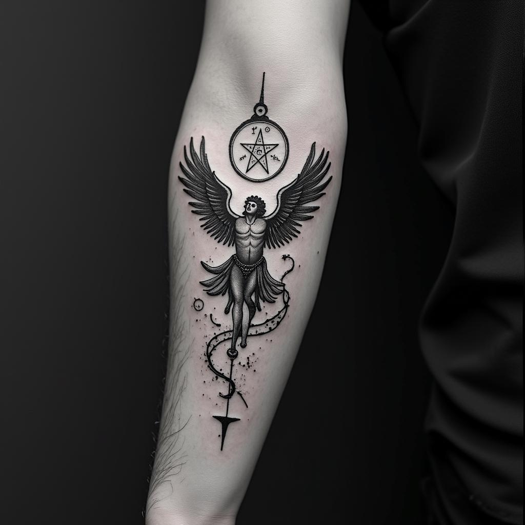 Icarus falling after getting too close to the sunin paganic style tattoo, featuring ancient symbols, add vegvisir symbol, mystical figures, incorporating designs, pentagrams, runes, crescent moons, - Variation 2