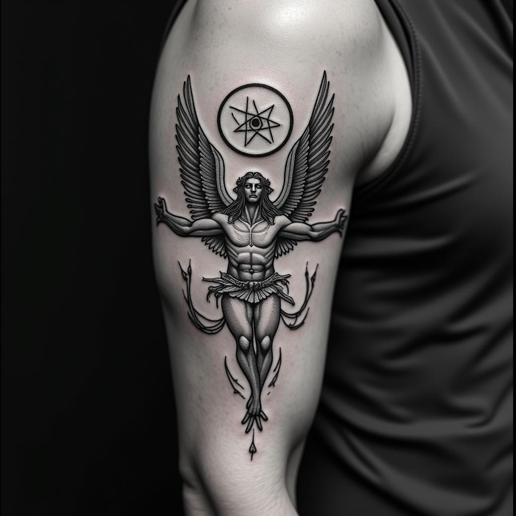 Icarus falling after getting too close to the sunin paganic style tattoo, featuring ancient symbols, add vegvisir symbol, mystical figures, incorporating designs, pentagrams, runes, crescent moons, - Variation 4