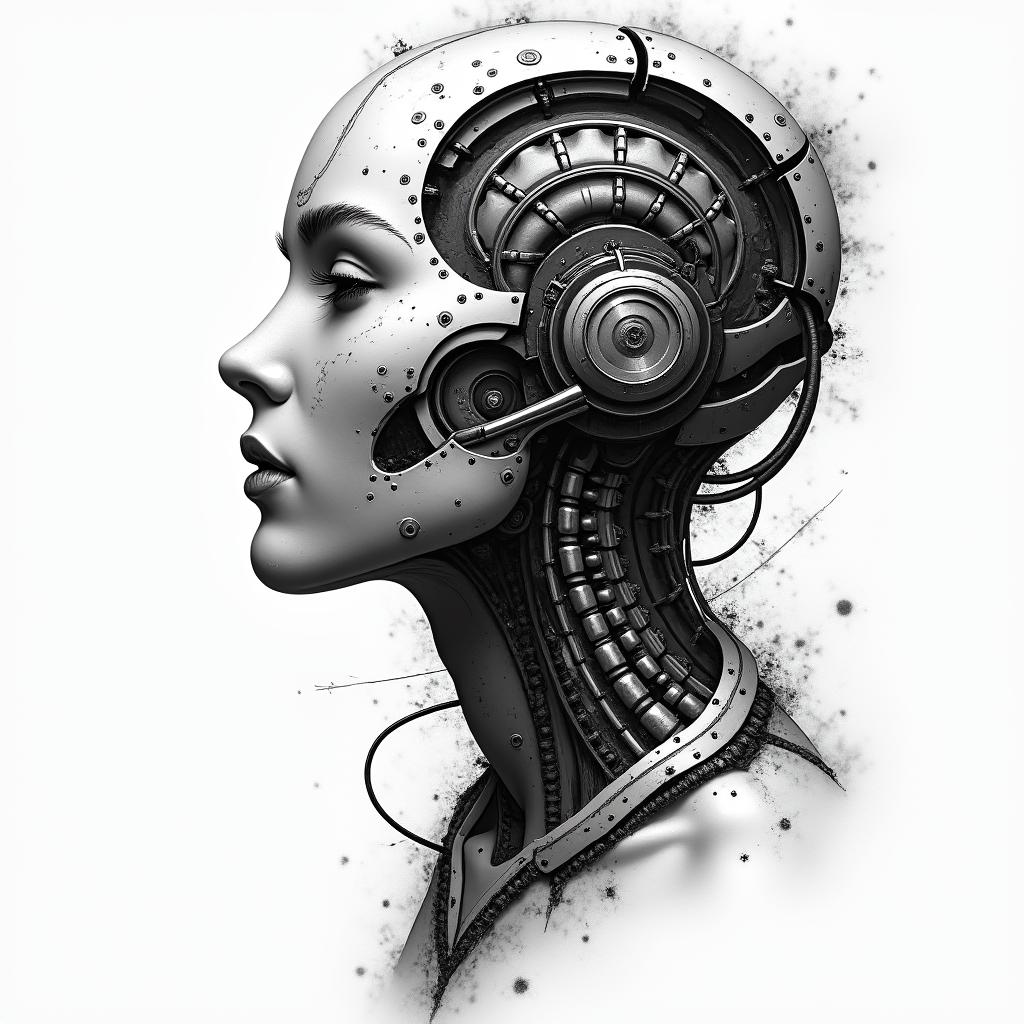 Deep industrial communist rootedtattoo in biomechanic style, the tattoo covered by robotic elements of futuristic cyberpunk design, robotic features detail, showcasing intricate mechanical components - Variation 1