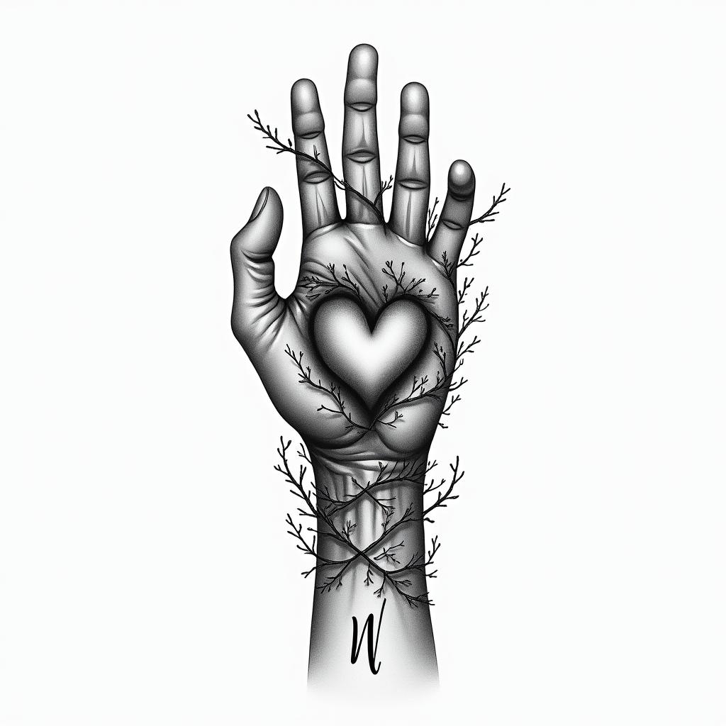 Husbands initial “N” on finger with vines and hearthigly detailed tattoo - Variation 3
