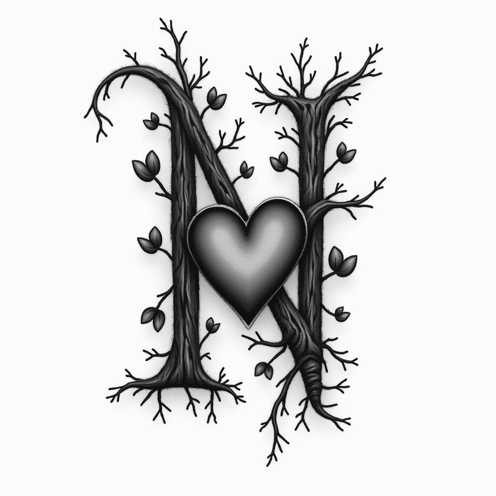 Husbands initial “N” on finger with vines and hearthigly detailed tattoo - Variation 4