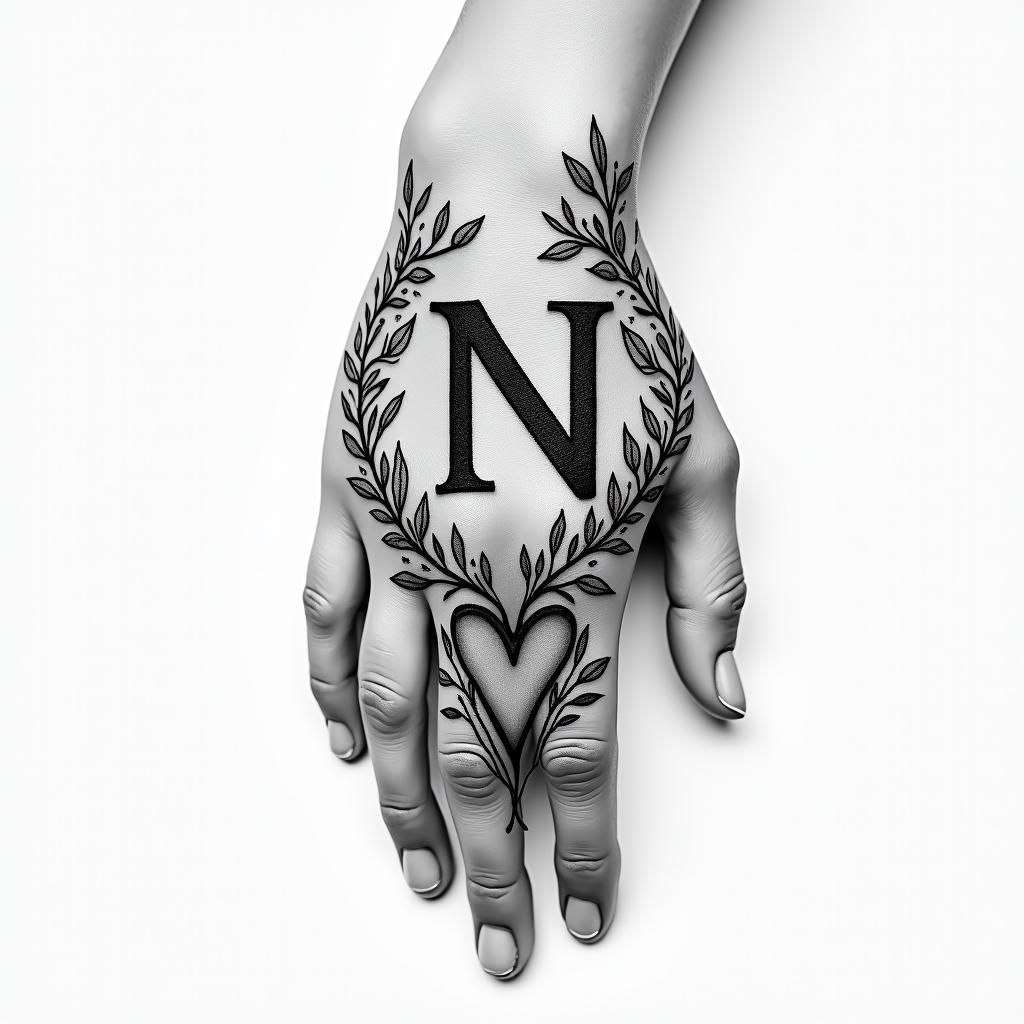 Husbands initial “N” on finger with vines and hearthigly detailed tattoo