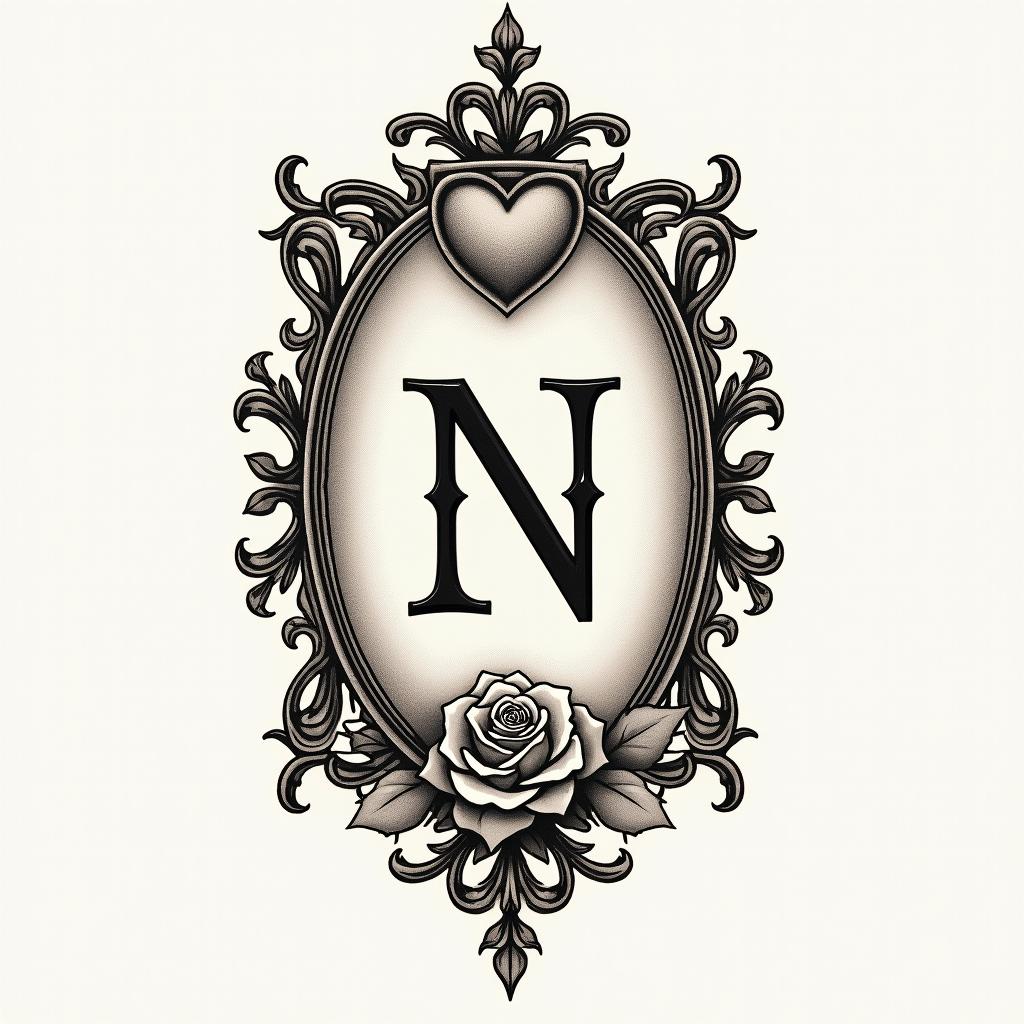 Husbands initial “N” on finger with vines and heartin victorian style tattoo, featuring vintage and elegant elements, ornate frames, roses, antique, sepia-toned color scheme