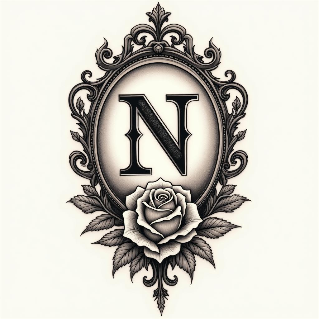 Husbands initial “N” on finger with vines and heartin victorian style tattoo, featuring vintage and elegant elements, ornate frames, roses, antique, sepia-toned color scheme - Variation 3