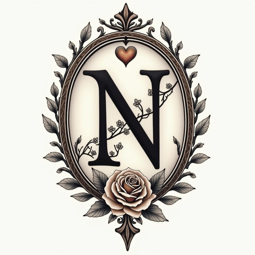 Husbands initial “N” on finger with vines and heartin victorian style tattoo, featuring vintage and elegant elements, ornate frames, roses, antique, sepia-toned color scheme - Variation 4