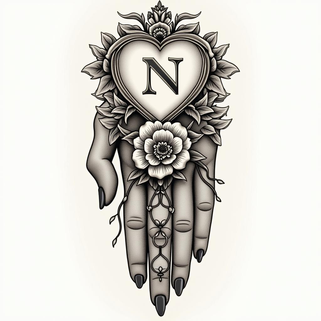 Husbands initial “N” on finger with vines and heartin victorian style tattoo, featuring vintage and elegant elements, ornate frames, roses, antique, sepia-toned color scheme - Variation 2