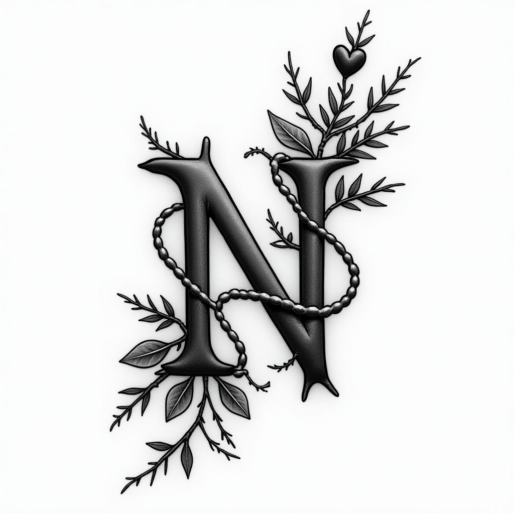“N” with vines and heart on fingerin bohemian style tattoo, 8k - Variation 3