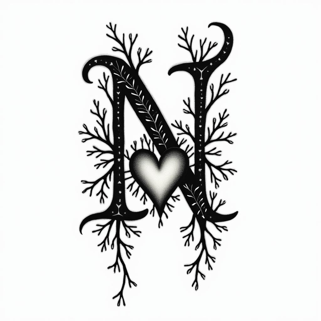 “N” with vines and heart on fingerin bohemian style tattoo, 8k - Variation 4
