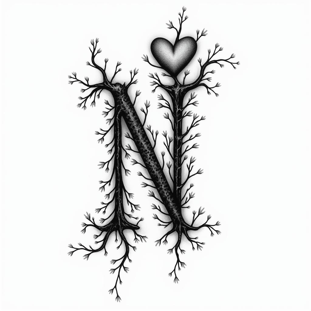 “N” with vines and heart on fingerin bohemian style tattoo, 8k - Variation 2