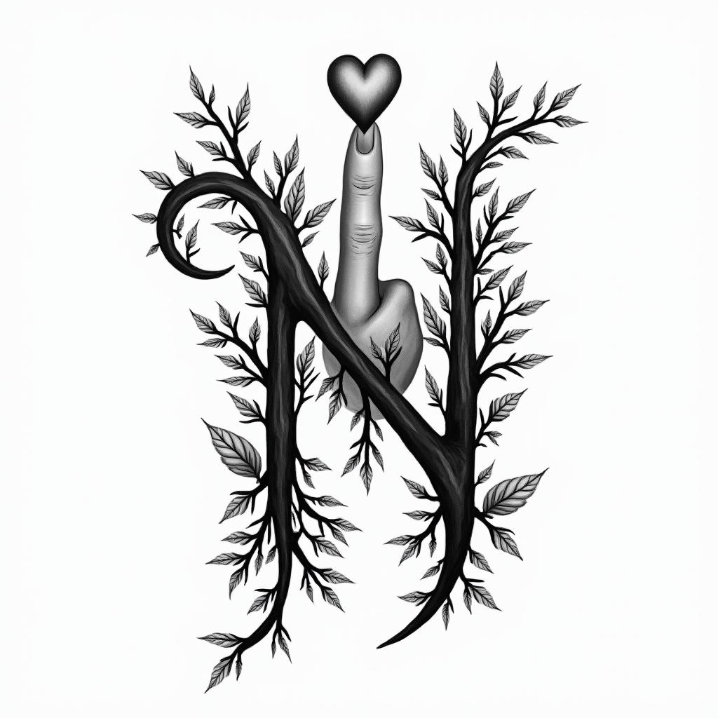 “N” with vines and heart on fingerin bohemian style tattoo, 8k