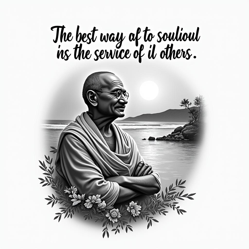 A realistic tattoo design featuring the phrase "The best way to find yourself is to lose yourself in the service of others," clearly visible. The tattoo also incorporates a historical figure known for their commitment to solidarity, such as Mahatma Gandhi, depicted in a thoughtful pose. In the background, a serene coastal landscape symbolizes personal growth, with gentle waves, a sunset, and flourishing nature elements, creating a harmonious blend of inspiration and support.higly detailed tattoo