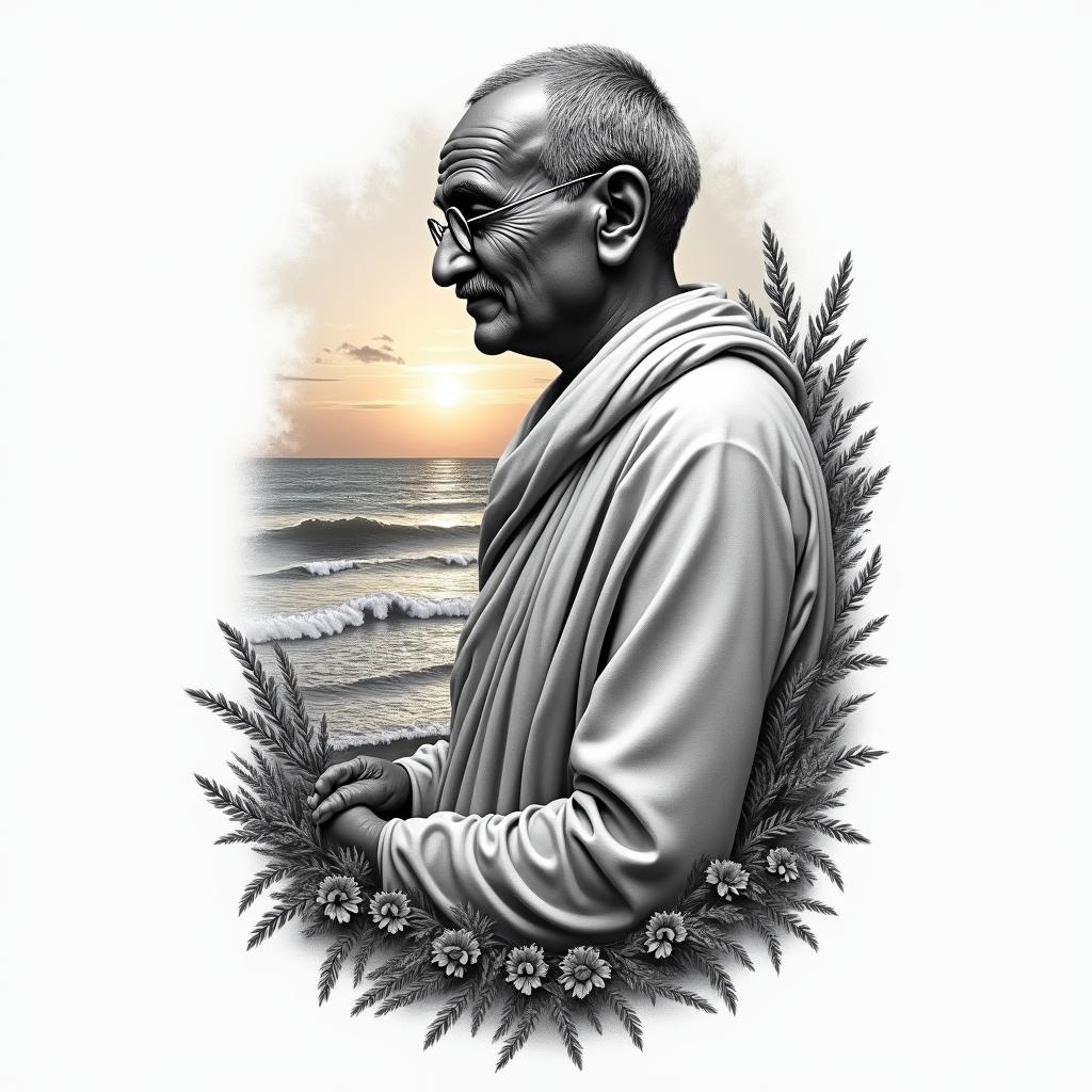 A realistic tattoo design featuring the phrase "The best way to find yourself is to lose yourself in the service of others," clearly visible. The tattoo also incorporates a historical figure known for their commitment to solidarity, such as Mahatma Gandhi, depicted in a thoughtful pose. In the background, a serene coastal landscape symbolizes personal growth, with gentle waves, a sunset, and flourishing nature elements, creating a harmonious blend of inspiration and support.higly detailed tattoo - Variation 2