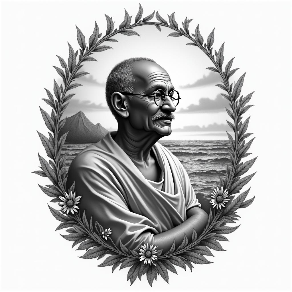 A realistic tattoo design featuring the phrase "The best way to find yourself is to lose yourself in the service of others," clearly visible. The tattoo also incorporates a historical figure known for their commitment to solidarity, such as Mahatma Gandhi, depicted in a thoughtful pose. In the background, a serene coastal landscape symbolizes personal growth, with gentle waves, a sunset, and flourishing nature elements, creating a harmonious blend of inspiration and support.higly detailed tattoo - Variation 3