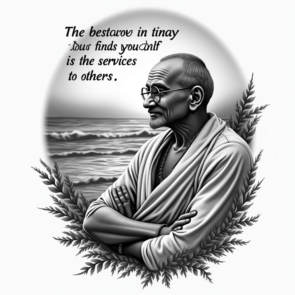 A realistic tattoo design featuring the phrase "The best way to find yourself is to lose yourself in the service of others," clearly visible. The tattoo also incorporates a historical figure known for their commitment to solidarity, such as Mahatma Gandhi, depicted in a thoughtful pose. In the background, a serene coastal landscape symbolizes personal growth, with gentle waves, a sunset, and flourishing nature elements, creating a harmonious blend of inspiration and support.higly detailed tattoo - Variation 4