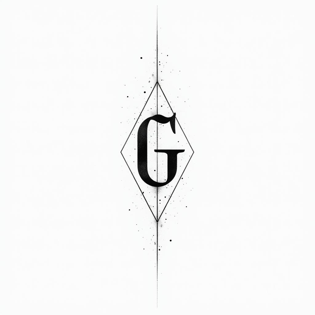 Geometric lines with letter G, J, Gin minimalist style tattoo, featuring simple shapes and fine lines, with minimal shading and details, tiny triangles, creating a sense of balance and harmony