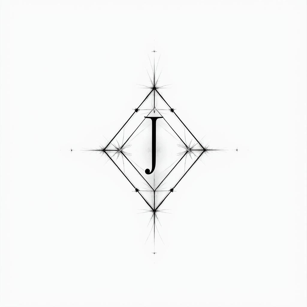 Geometric lines with letter G, J, Gin minimalist style tattoo, featuring simple shapes and fine lines, with minimal shading and details, tiny triangles, creating a sense of balance and harmony - Variation 2